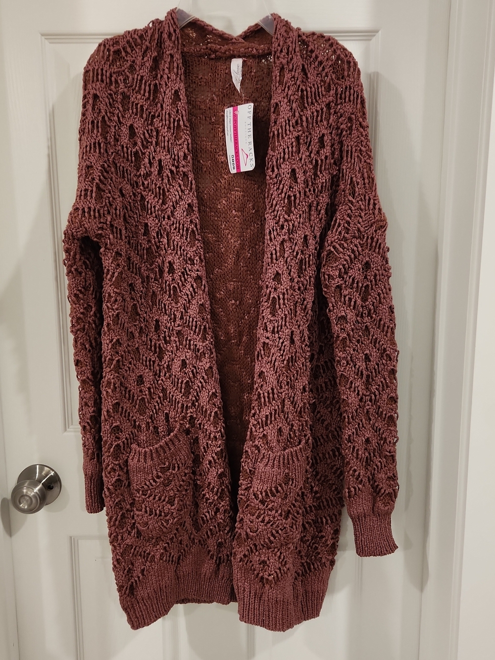NWT L Love Open Knit Cardigan Brown Boho Chunky Pocket Sweater S MSRP $44.99